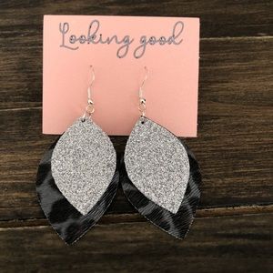 Black Leopard and Glitter Faux Leather Earrings